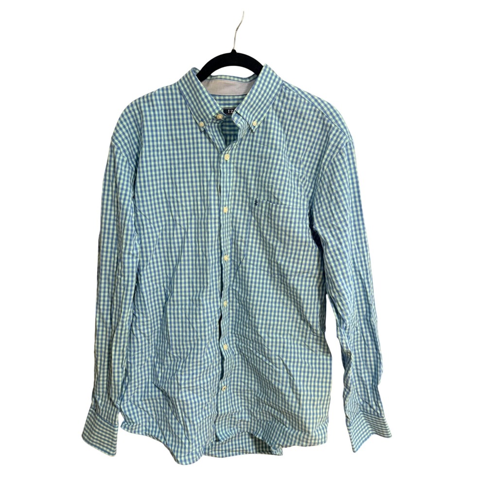 IZOD Mens Gingham Check Button Down Shirt Blue White Size M